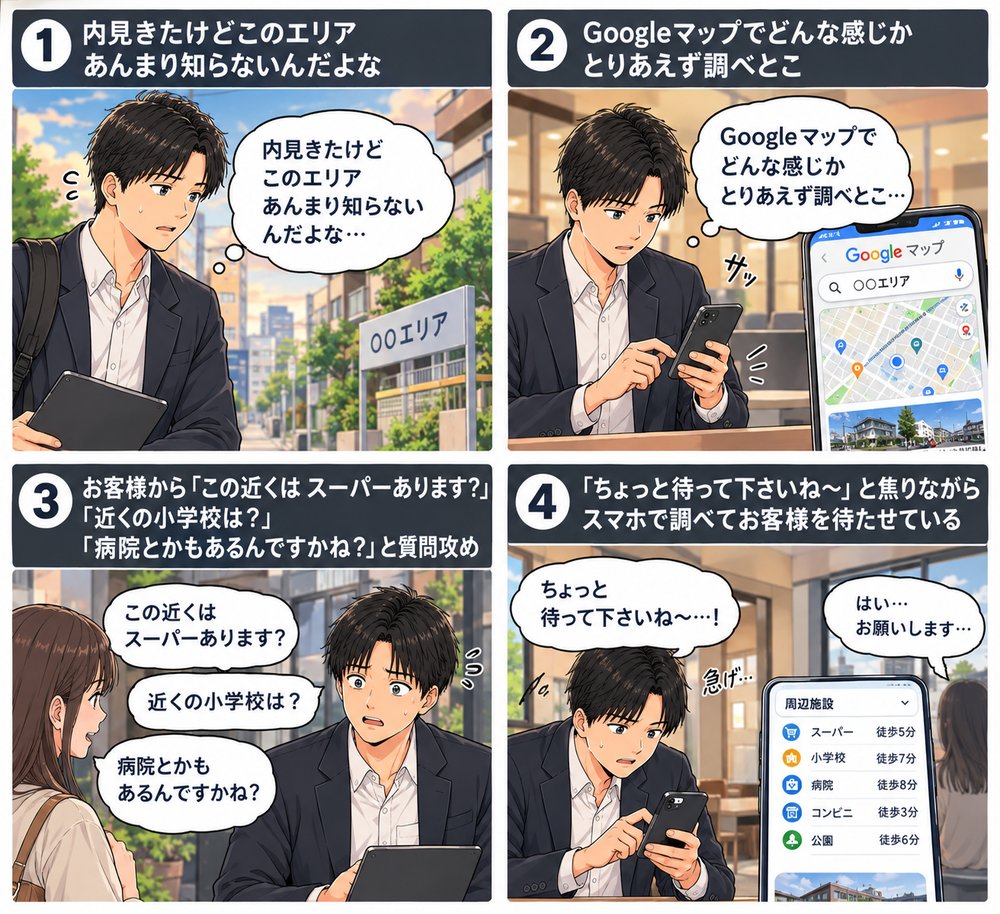 パターン1：内見に来たがこのエリアはあまり知らない→Googleマップでとりあえず調べる→お客様から「この近くにスーパーは？」「近くの小学校は？」「病院は？」と質問攻め→「ちょっと待って下さいね」と焦りながらスマホで調べてお客様を待たせている