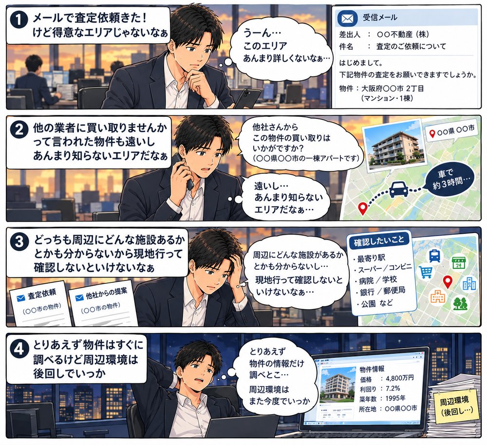 パターン2：メールで査定依頼が来たが得意なエリアではない→他の業者から買い取りませんかと言われた物件も遠く知らないエリア→どちらも周辺にどんな施設があるか分からず現地で確認しないといけない→とりあえず物件はすぐ調べるが周辺環境は後回しにしてしまう