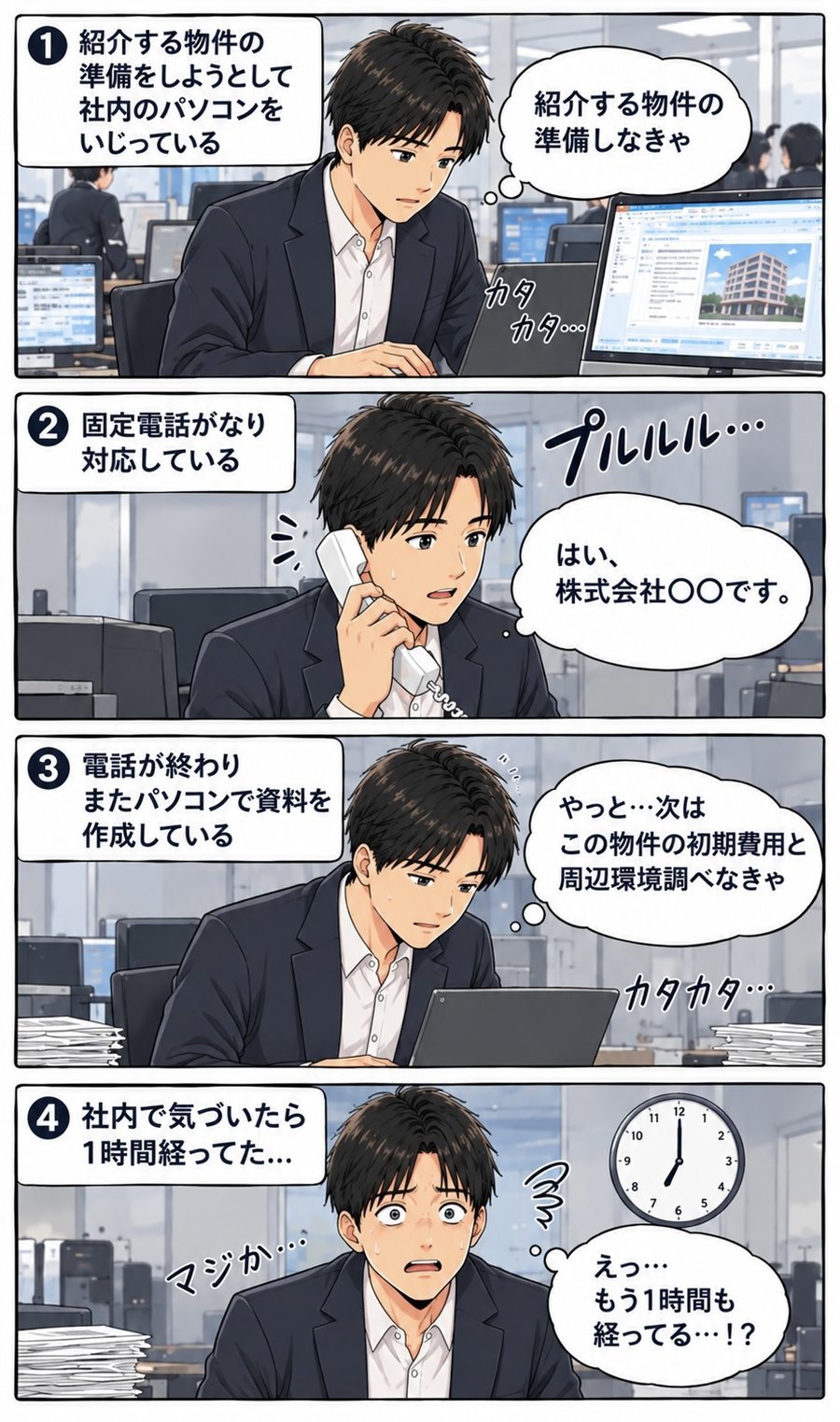 パターン3：紹介する物件の準備をしようとパソコンに向かう→固定電話が鳴って対応する→電話が終わって初期費用と周辺環境を調べる→気づいたら1時間経っていた
